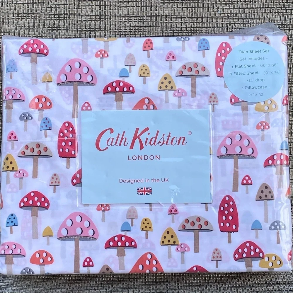 Cath Kidston London Mini Mushrooms Russet Cotton Percale TWIN XL Sheet Set 3pc